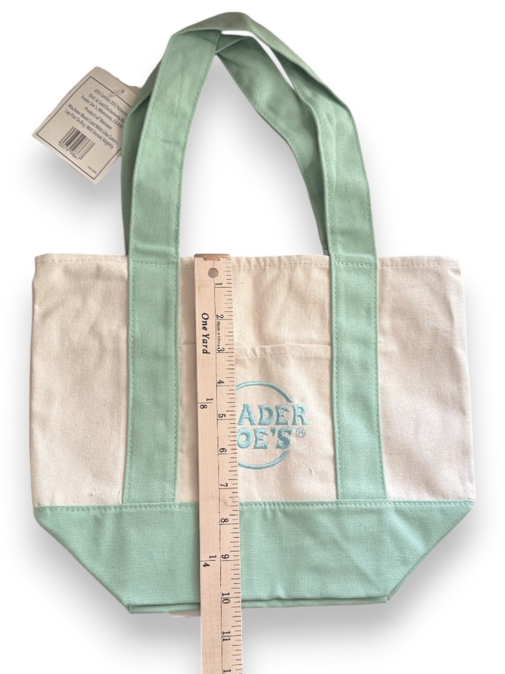 TRADER JOE'S Mini Pastel Canvas Tote Bag Teal NWT - Picture 6 of 7